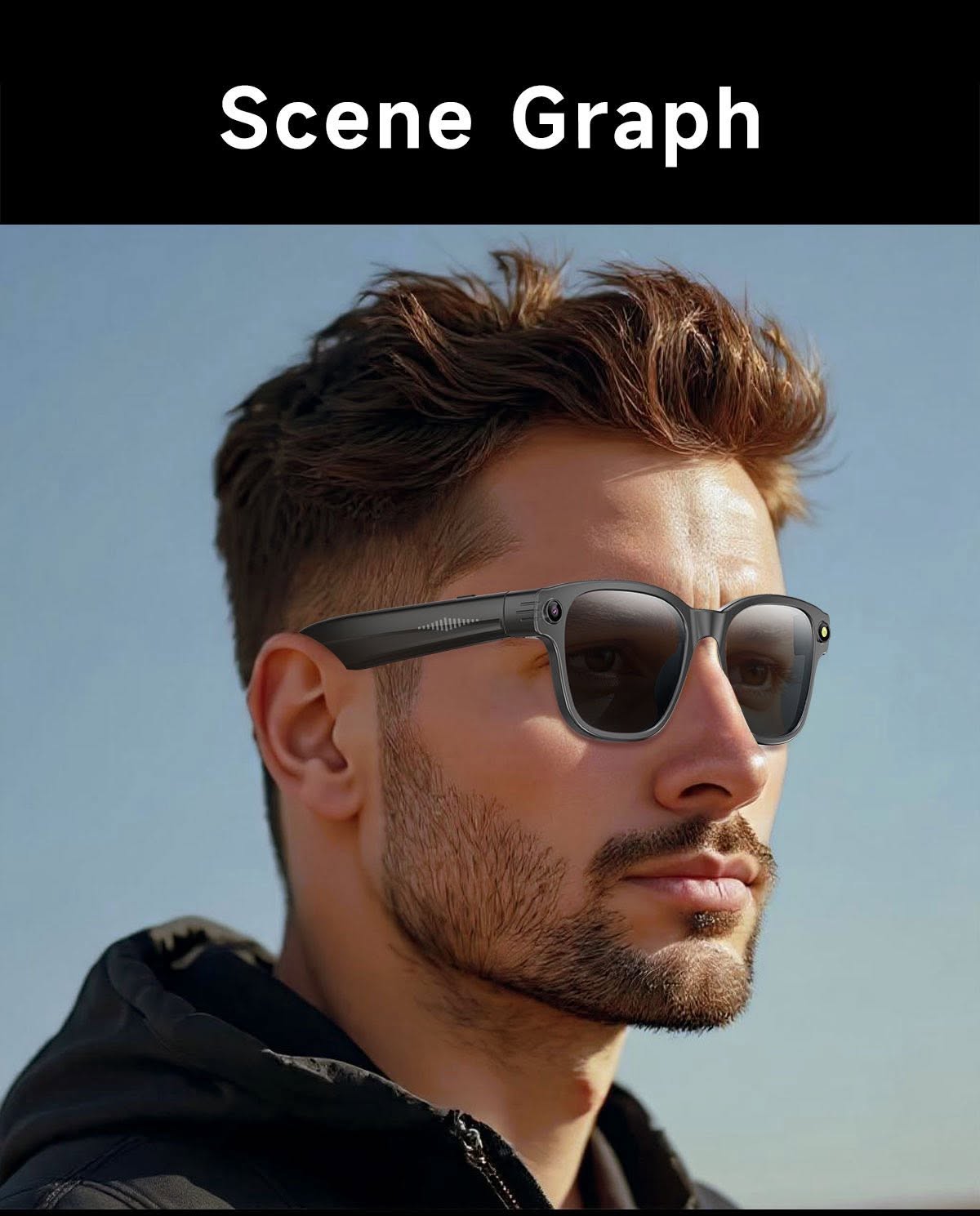 Man wearing black smart glasses outdoors